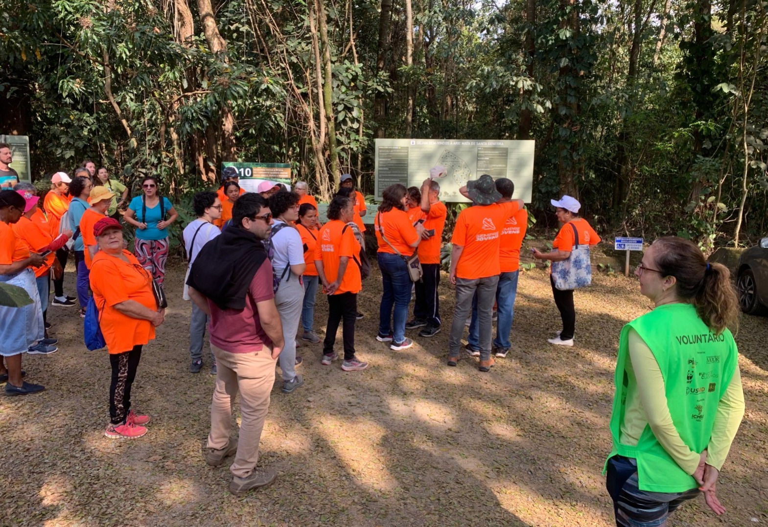 Grupo de pacientes e agentes de saúde caminhando em trilha na Mata de Santa Genebra durante passeio ao ar livre