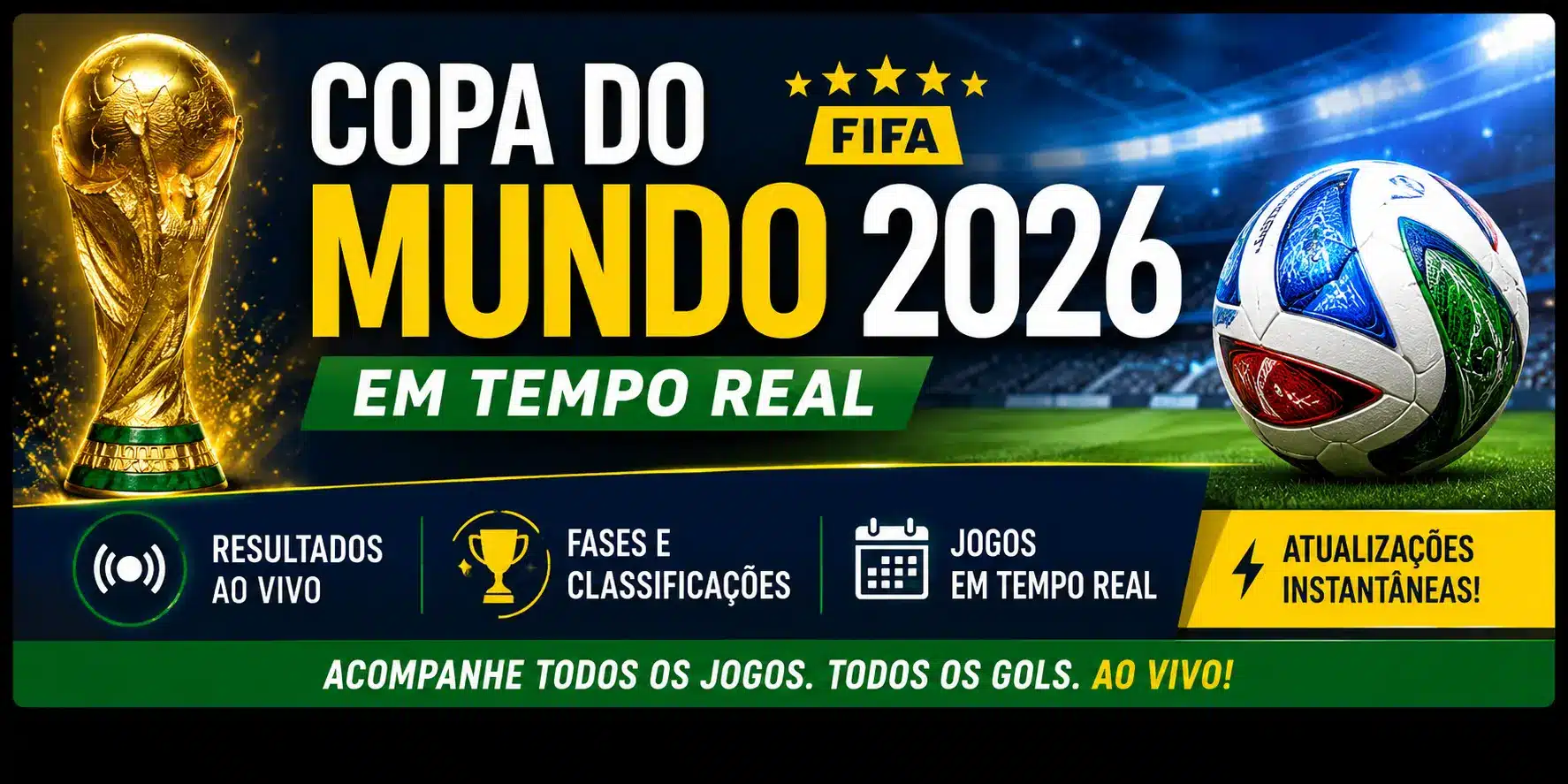 Acompanhe a Copa do Mundo 2026 em tempo real com placares ao vivo, classificação, calendário de jogos e fases do torneio.